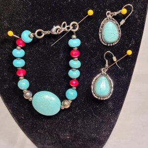 Native American Sterling Silver and Turquoise Bracelet and Earring Set